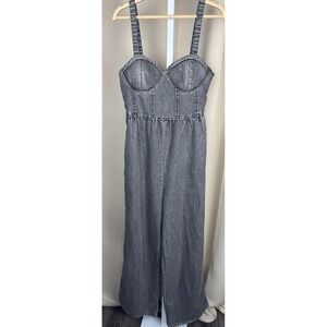 BOG Collective Black Washed Denim Wide Leg Jumpsuit Smocked Back Small